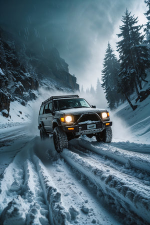 Off-road vehicle parked on an icy mountain pass surrounded by snowy peaks. High-altitude winter scene representing travel, power, and endurance.の素材