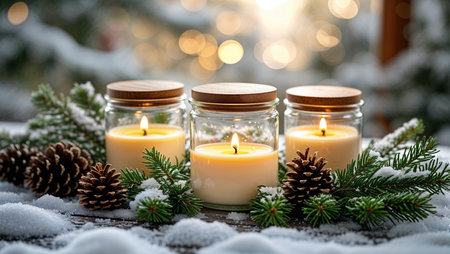Soy wax candles in glass jars surrounded by pine branches and cones on a snowy surface. Cozy eco-friendly decor symbolizing warmth, nature and sustainability.の素材