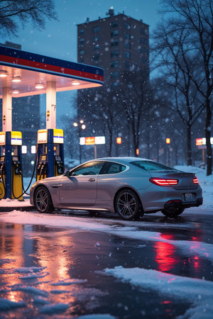 Vehicle refueling at night gas station during heavy snowfall. Neon reflections on icy asphalt create a cinematic winter urban atmosphere.の素材