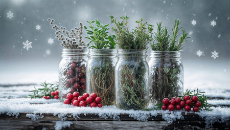 Eco glass jars filled with dried herbs and red berries placed on a snowy wooden surface. Minimal winter still life representing sustainable natural storage and herbal aesthetics.の素材