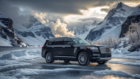 Off-road vehicle parked on an icy mountain pass surrounded by snowy peaks. High-altitude winter scene representing travel, power, and endurance.の素材