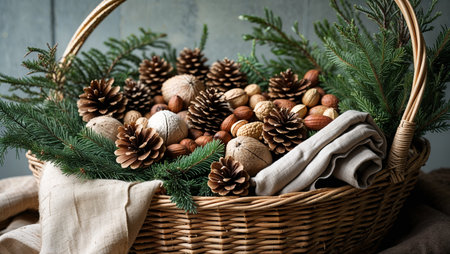 Wicker basket filled with pine cones, linen fabric and evergreen branches with snow. Eco rustic winter composition with natural textures and warm light.の素材