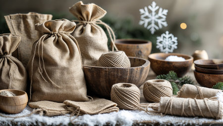 Eco winter kitchen still life with wooden utensils, salt, pine branches and snowflakes on linen fabric. Natural rustic composition symbolizing sustainability, simplicity and cozy seasonal atmosphere.の素材