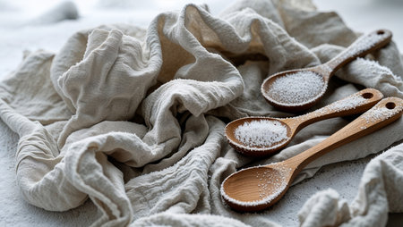 Eco winter kitchen still life with wooden utensils, salt, pine branches and snowflakes on linen fabric. Natural rustic composition symbolizing sustainability, simplicity and cozy seasonal atmosphere.の素材