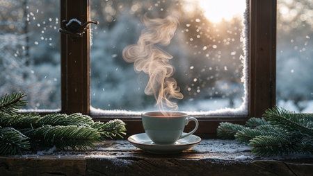 Cup of hot herbal tea with cinnamon sticks, dried oranges and pine branches on linen tablecloth. Cozy eco kitchen still life with warm light and winter atmosphere.の素材