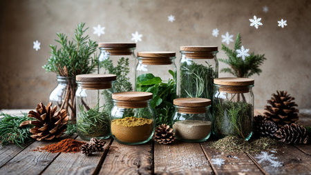 Assorted spices and herbs in glass jars on wooden table with pine cones and snow. Eco rustic kitchen concept emphasizing natural flavor, calm winter mood and sustainable lifestyle.の素材