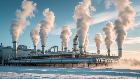 Industrial pipes emitting warm steam in snowy winter landscape. Contrast between cold environment and warm vapor representing energy and transformation.の素材