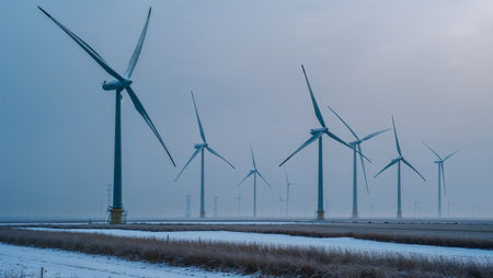 Wind turbines standing in a snowy field covered by winter fog. Minimal composition expressing clean renewable energy, silence, and the power of nature.の素材