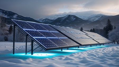 Futuristic solar panels covered with snow, glowing in cold winter light. Modern clean energy concept symbolizing sustainability, innovation, and resilience in extreme weather.の素材