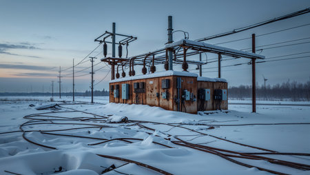Old rusty electrical substation buried in snow. Broken cables and cold twilight atmosphere reflect decay and industrial silence.の素材