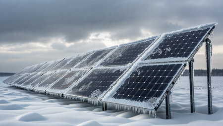 Solar panels covered with ice and snow under cloudy sky. Symbol of frozen renewable energy and challenges of winter environment.の素材