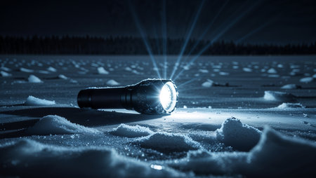Frozen flashlight lying on icy ground with beam cutting through darkness. Symbol of survival, coldness and power loss during winter blackout.の素材