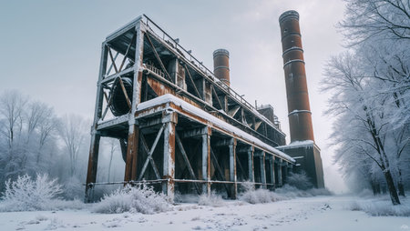 Industrial gas station surrounded by snow and fog, frozen pipes and metallic surfaces. Cold winter landscape showing energy dependence and fragility.の素材