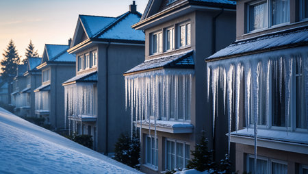 Residential buildings with frozen windows and icicles in early morning cold light. No lights inside â symbol of winter energy shortages.の素材