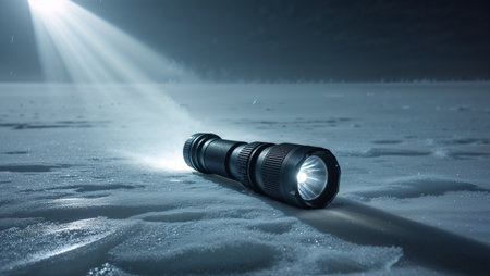 Frozen flashlight lying on icy ground with beam cutting through darkness. Symbol of survival, coldness and power loss during winter blackout.の素材