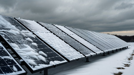 Solar panels covered with ice and snow under cloudy sky. Symbol of frozen renewable energy and challenges of winter environment.の素材