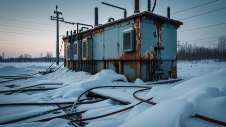 Old rusty electrical substation buried in snow. Broken cables and cold twilight atmosphere reflect decay and industrial silence.の素材