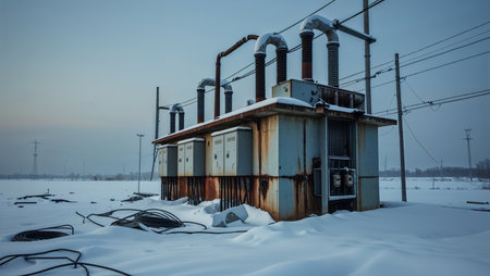 Old rusty electrical substation buried in snow. Broken cables and cold twilight atmosphere reflect decay and industrial silence.の素材