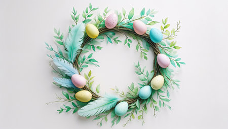 Soft watercolor composition with feathers, willow branches and spring flowers on white background. Minimal and airy.の素材