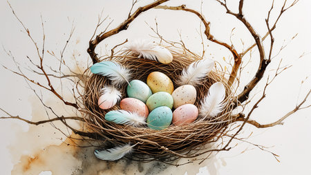 Delicate watercolor nest with pastel Easter eggs and soft feathers on white background. Gentle rustic design for spring greeting cards and packaging.の素材