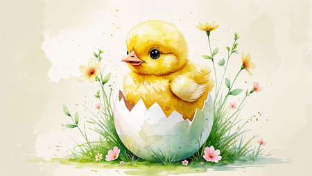 Adorable watercolor chick emerging from cracked egg, surrounded by spring flowers and green grass. Bright and cheerful Easter mood.の素材