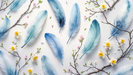Soft watercolor composition with feathers, willow branches and spring flowers on white background. Minimal and airy.の素材