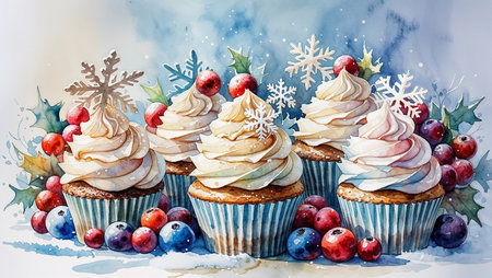 Watercolor winter cupcakes with cream, berries and snowflake decorations. Festive sweet dessert handmade illustration with soft pastel tones.の素材