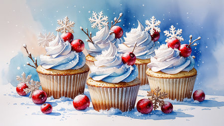 Watercolor winter cupcakes with cream, berries and snowflake decorations. Festive sweet dessert handmade illustration with soft pastel tones.の素材