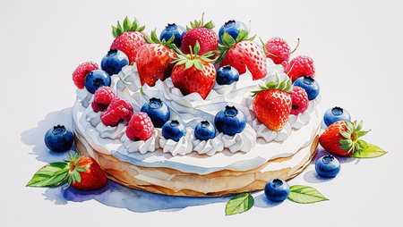 Watercolor pavlova cake with cream and mixed spring berries. Elegant handmade dessert illustration in soft tones and white background.の素材