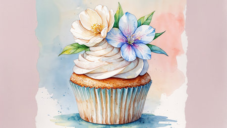 Watercolor vanilla cupcake with white cream and flower decoration. Handmade pastel spring dessert illustration in elegant minimal style.の素材