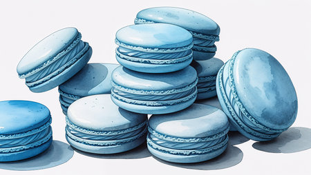 Watercolor macarons on white background. Elegant minimal handmade spring dessert illustration in pastel tones.の素材