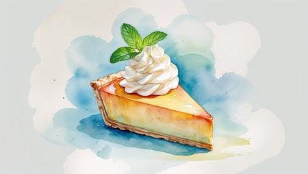 Watercolor peach tart slice with cream and mint leaf. Handmade elegant summer dessert illustration in warm pastel tones.の素材