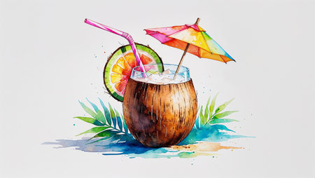 Watercolor coconut drink with straw and umbrella. Handmade tropical summer illustration with white background and bright tones.の素材