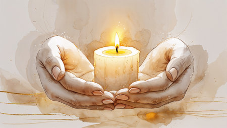 Watercolor symbolic hands holding a candle with gentle flame. Handmade illustration representing care, comfort and remembrance.の素材