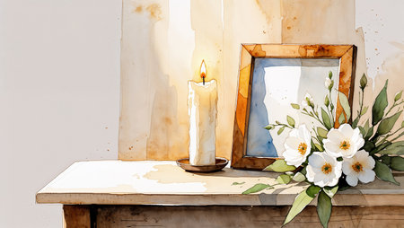 Watercolor memorial table with candle, blank picture frame and white flowers. Soft handmade illustration expressing remembrance, respect and quiet grief.の素材
