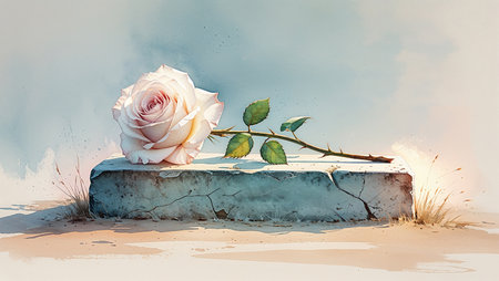 Watercolor single white rose resting on a memorial stone. Delicate handmade illustration symbolizing purity, farewell and eternal memory.の素材