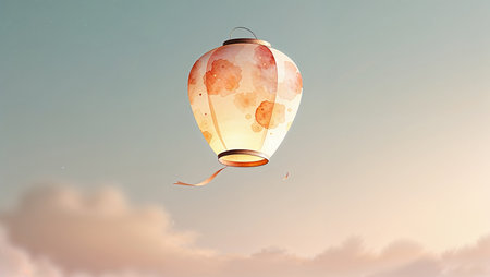 Watercolor paper lantern floating into the sky. Gentle symbolic farewell illustration representing release and peaceful passage.の素材