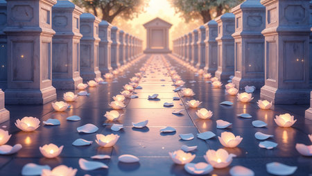 Watercolor funeral ceremony hall decorated with white flowers, drapery and candles. Soft tones create a peaceful and respectful atmosphere.の素材