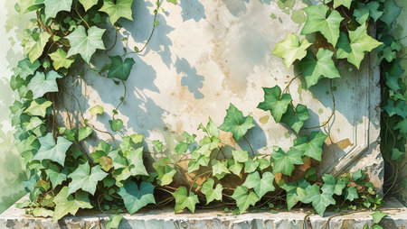 Watercolor ivy growing over an old memorial stone. Gentle handmade illustration symbolizing time, memory and quiet continuity.の素材