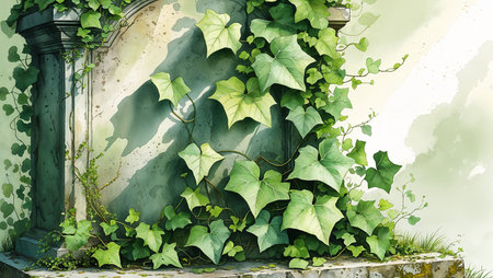 Watercolor ivy growing over an old memorial stone. Gentle handmade illustration symbolizing time, memory and quiet continuity.の素材