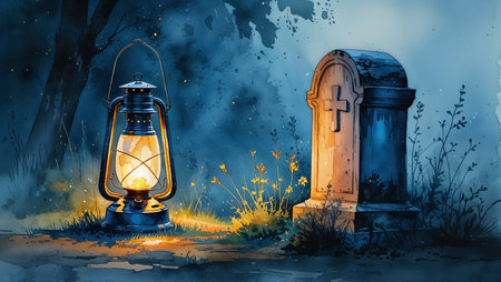 Watercolor lantern glowing softly beside a gravestone at night. Calm and atmospheric handmade illustration symbolizing memory, guidance and quiet sorrow.の素材