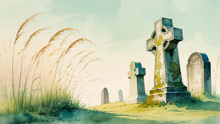 Watercolor tall grass moving in gentle wind near old gravestones. Soft minimal landscape capturing peaceful remembrance and nature's quiet presence.の素材