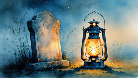 Watercolor lantern glowing softly beside a gravestone at night. Calm and atmospheric handmade illustration symbolizing memory, guidance and quiet sorrow.の素材