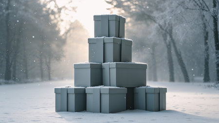 A modern minimalistic composition with gifts arranged like an abstract geometric sculpture. Covered with light frost.の素材