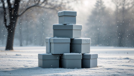 A modern minimalistic composition with gifts arranged like an abstract geometric sculpture. Covered with light frost.の素材