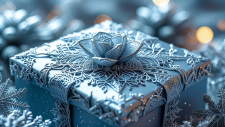 Close-up of a gift box decorated with a delicate frosty pattern, similar to ice lace. Elegant winter compositionの素材