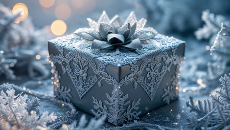 Close-up of a gift box decorated with a delicate frosty pattern, similar to ice lace. Elegant winter compositionの素材