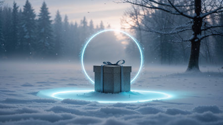 Winter composition with a gift in the snow and a thin glowing circle floating around it. Mystical and minimalist sceneの素材