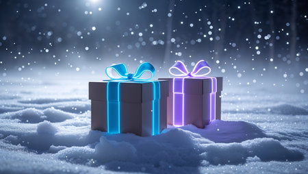 Bright gift boxes with neon glowing ribbons on the background of a night snowy landscape. Modern and effective winter compositionの素材