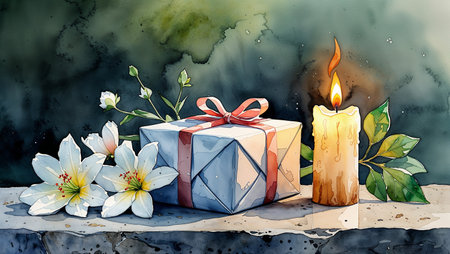 Watercolor illustration of a small wrapped gift placed beside a burning memorial candle and white flowers on a stone surface. Gentle, respectful atmosphere symbolizing remembrance and farewell. No people, soft natural colors, peaceful mood.の素材